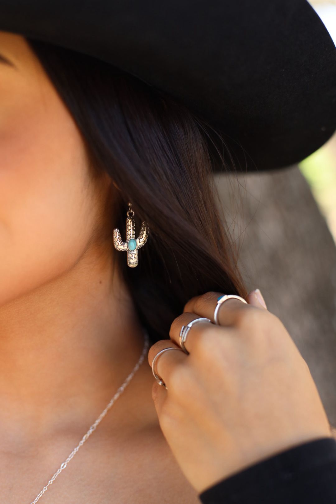 Silver turquoise cactus earrings